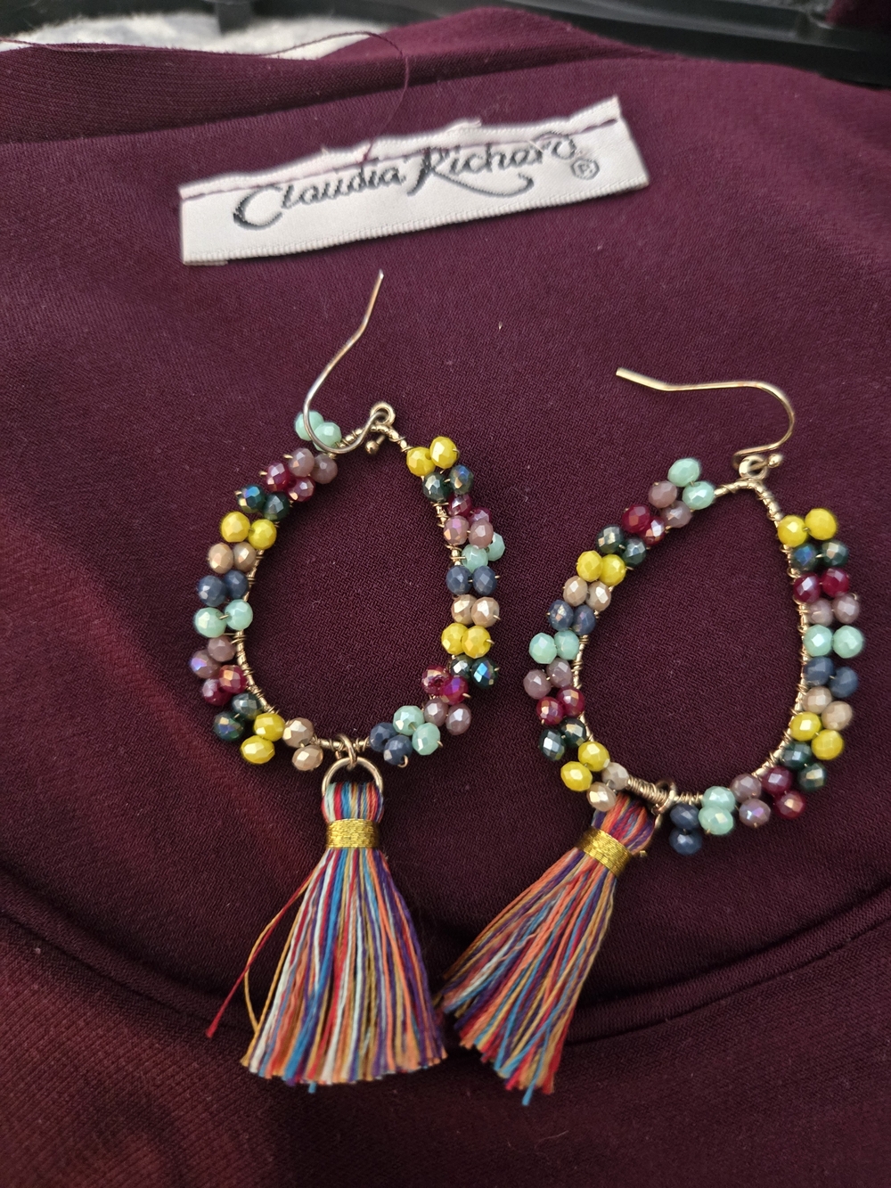 Multicolor Beaded Hoop Earrings with Tassel